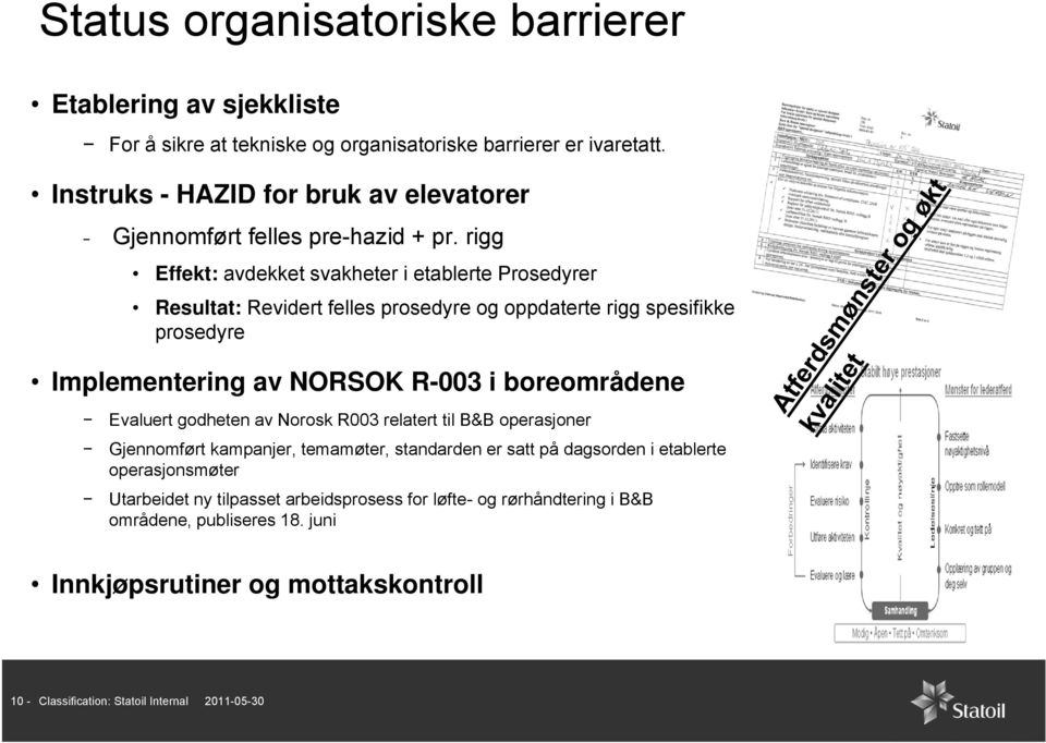 rigg Effekt: avdekket svakheter i etablerte Prosedyrer Resultat: Revidert felles prosedyre og oppdaterte rigg spesifikke prosedyre Implementering av NORSOK R-003 i boreområdene