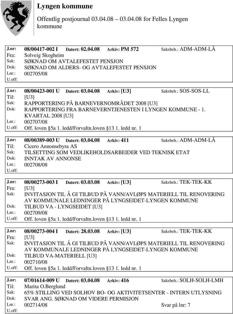 KVARTAL 2008 [U3] Lnr.: 002707/08 Off. loven 5a 1. ledd/forvaltn.loven 13 1. ledd nr. 1 J.nr: 08/00389-003 U Datert: 03.04.08 Arkiv: 411 Saksbeh.