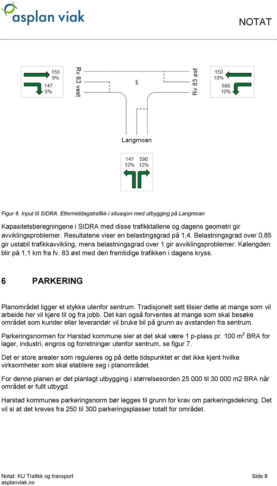 83 øst med den fremtidige trafikken i dagens kryss. 6 PARKERING Planområdet ligger et stykke utenfor sentrum. Tradisjonelt sett tilsier dette at mange som vil arbeide her vil kjøre til og fra jobb.