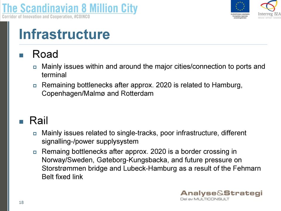 2020 is related to Hamburg, Copenhagen/Malmø and Rotterdam Rail Mainly issues related to single-tracks, poor infrastructure,