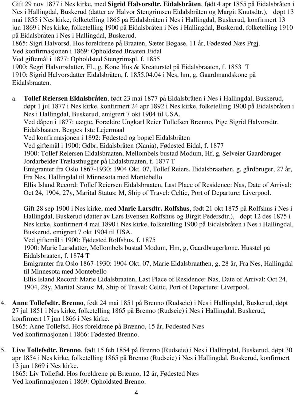 folketelling 1910 på Eidalsbråten i Nes i Hallingdal, Buskerud. 1865: Sigri Halvorsd. Hos foreldrene på Braaten, Sæter Bøgase, 11 år, Fødested Næs Prgj.