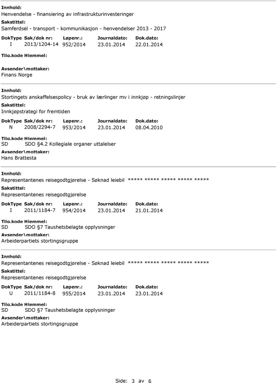 2 Kollegiale organer uttalelser Hans Brattesta Representantenes reisegodtgjørelse - Søknad leiebil ***** ***** ***** ***** ***** Representantenes reisegodtgjørelse 2011/1184-7 954/2014 21.01.2014 Tilg.