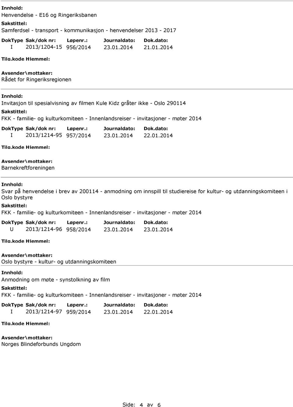 invitasjoner - møter 2014 2013/1214-95 957/2014 Barnekreftforeningen Svar på henvendelse i brev av 200114 - anmodning om innspill til studiereise for kultur- og utdanningskomiteen i Oslo bystyre FKK