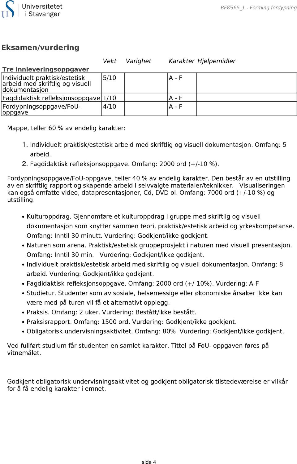 Individuelt praktisk/estetisk arbeid med skriftlig og visuell dokumentasjon. Omfang: 5 arbeid. 2. Fagdidaktisk refleksjonsoppgave. Omfang: 2000 ord (+/-10 %).