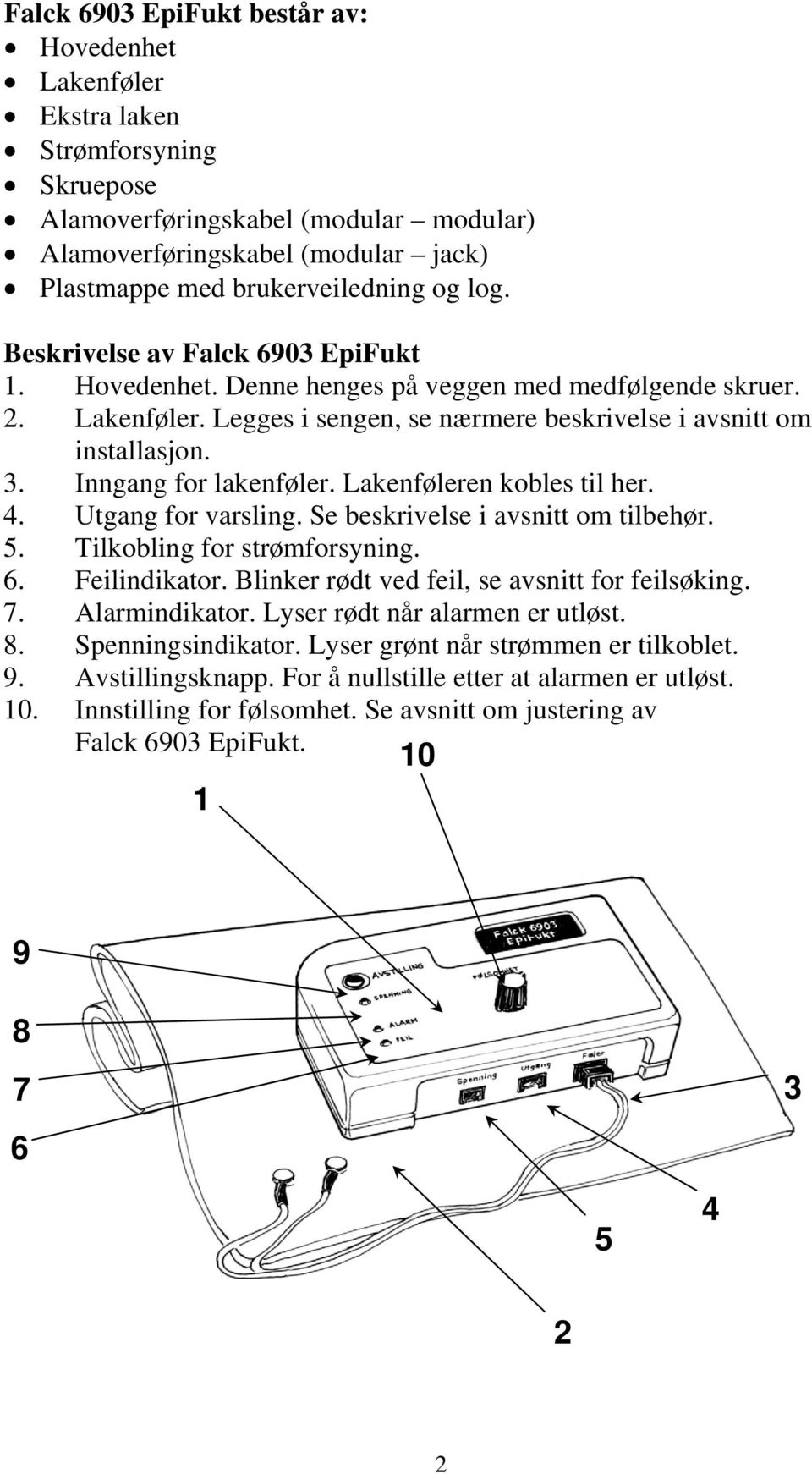 Inngang for lakenføler. Lakenføleren kobles til her. 4. Utgang for varsling. Se beskrivelse i avsnitt om tilbehør. 5. Tilkobling for strømforsyning. 6. Feilindikator.