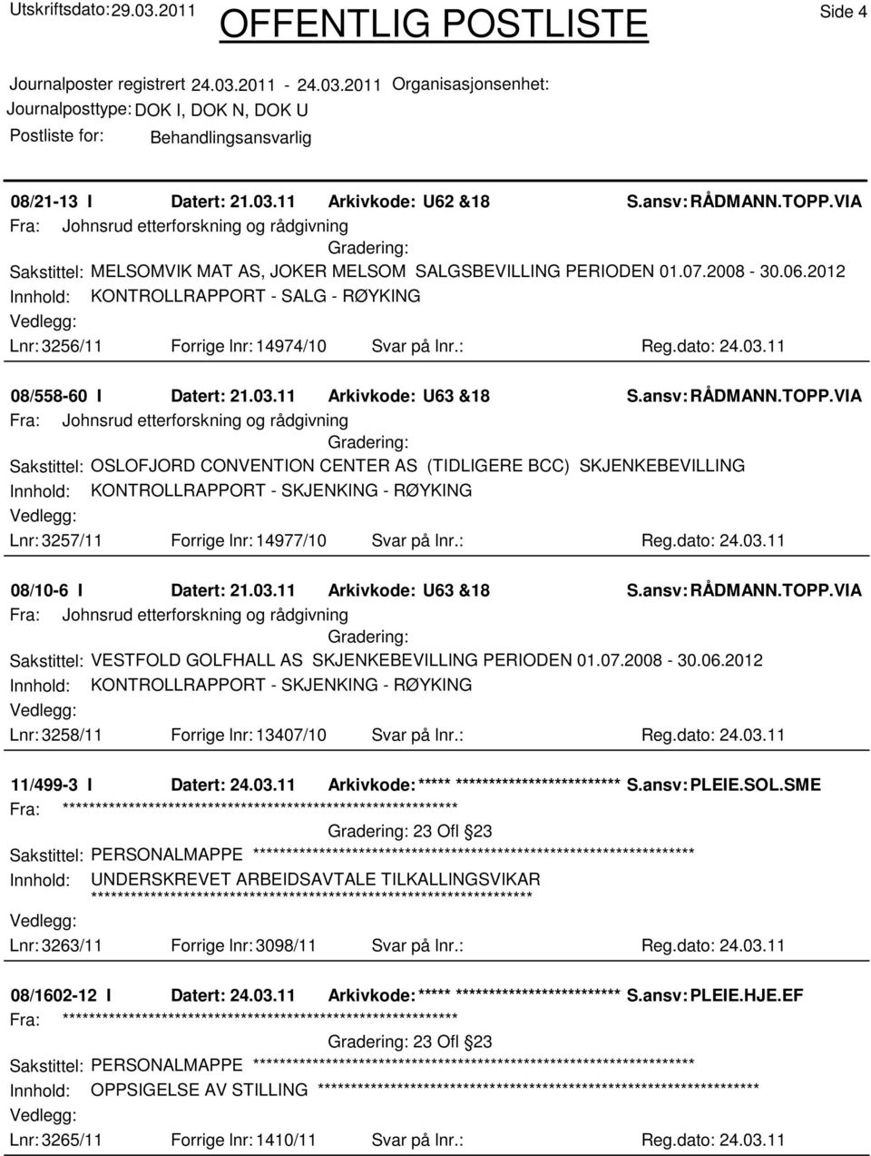 11 08/558-60 I Datert: 21.03.11 Arkivkode: U63 &18 Sakstittel: OSLOFJORD CONVENTION CENTER AS (TIDLIGERE BCC) SKJENKEBEVILLING Lnr: 3257/11 Forrige lnr: 14977/10 Svar på lnr.: Reg.dato: 24.03.11 08/10-6 I Datert: 21.