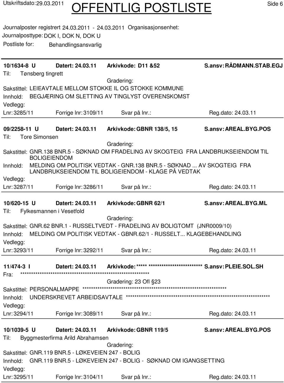 dato: 24.03.11 09/2258-11 U Datert: 24.03.11 Arkivkode:GBNR 138/5, 15 Til: Tore Simonsen Sakstittel: GNR.138 BNR.