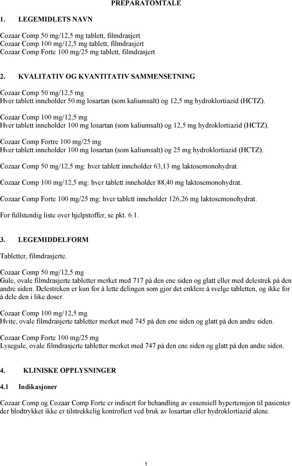 Cozaar Comp 100 mg/12,5 mg Hver tablett inneholder 100 mg losartan (som kaliumsalt) og 12,5 mg hydroklortiazid (HCTZ).
