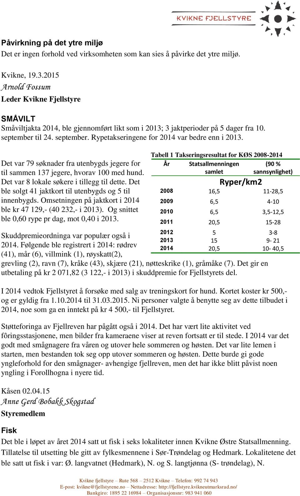 Det var 79 søknader fra utenbygds jegere for til sammen 137 jegere, hvorav 100 med hund. Det var 8 lokale søkere i tillegg til dette. Det ble solgt 41 jaktkort til utenbygds og 5 til innenbygds.