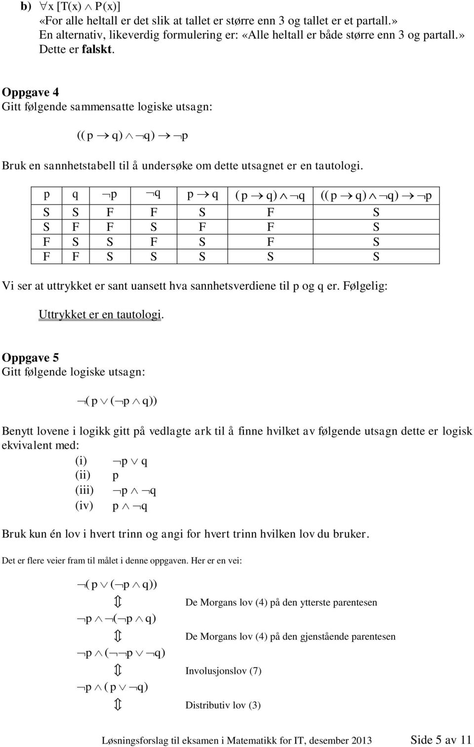 p q p q p q p q) q p q) q) p S S F F S F S S F F S F F S F S S F S F S F F S S S S S Vi ser at uttrykket er sat uasett hva sahetsverdiee til p og q er. Følgelig: Uttrykket er e tautologi.