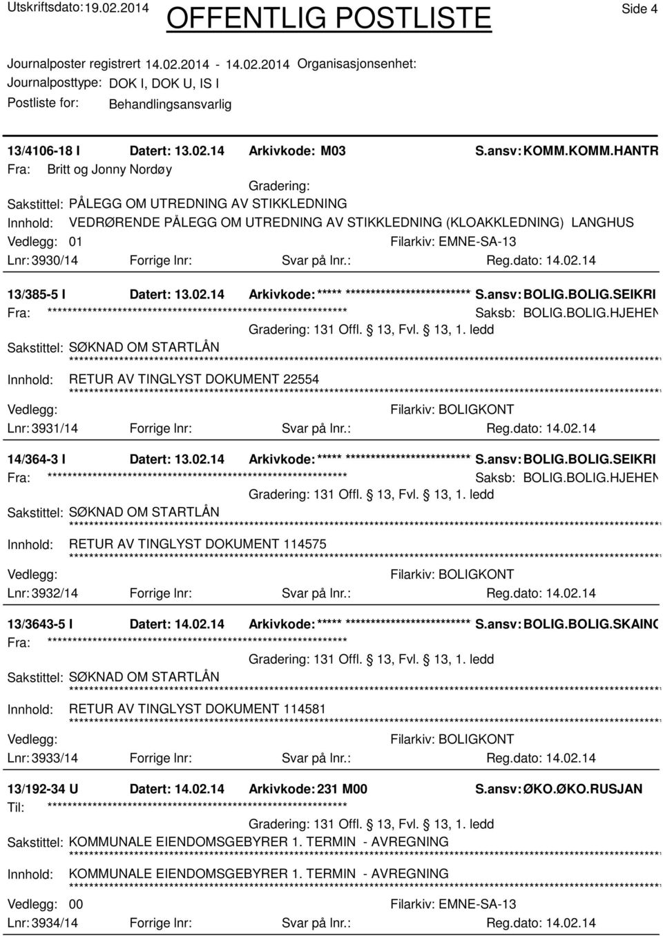 Svar på lnr.: 13/385-5 I Datert: 13.02.14 Arkivkode:***** ****************************** S.ansv: BOLIG.BOLIG.SEIKRI Saksb: BOLIG.BOLIG.HJEHEN 131 Offl. 13, Fvl. 13, 1.