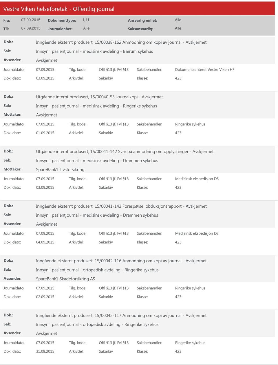 2015 Arkivdel: Sakarkiv tgående internt produsert, 15/00041-142 Svar på anmodning om opplysninger - Innsyn i pasientjournal - medisinsk avdeling - Drammen sykehus SpareBank1 Livsforsikring Medisinsk