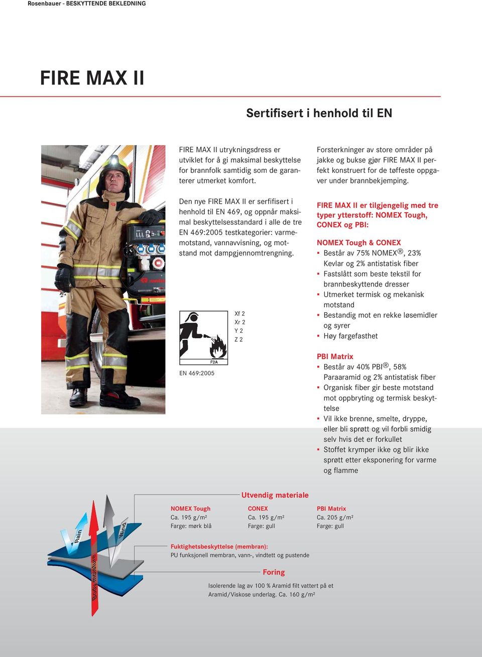 Den nye FIRE MAX II er serfifisert i henhold til EN 469, og oppnår maksimal beskyttelsesstandard i alle de tre EN 469:2005 testkategorier: varmemotstand, vannavvisning, og motstand mot