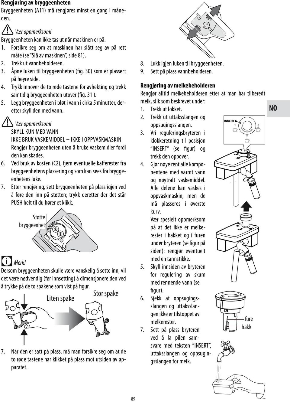 Trykk innover de to røde tastene for avhekting og trekk samtidig bryggeenheten utover (fig. 31 ). 5. Legg bryggeenheten i bløt i vann i cirka 5 minutter, deretter skyll den med vann.