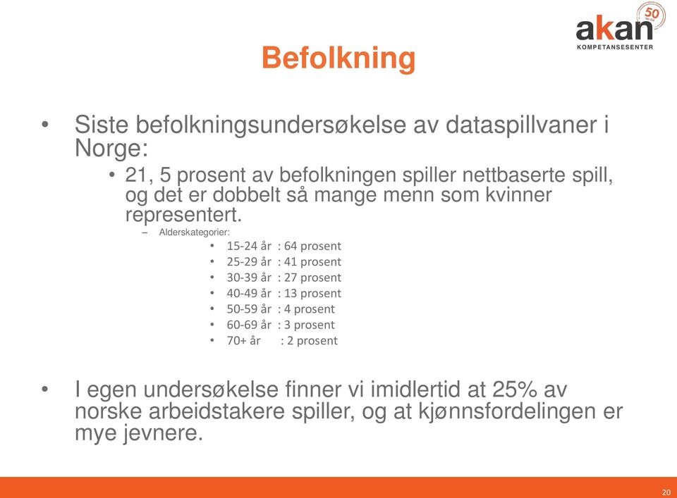 Alderskategorier: 15-24 år : 64 prosent 25-29 år : 41 prosent 30-39 år : 27 prosent 40-49 år : 13 prosent 50-59 år : 4