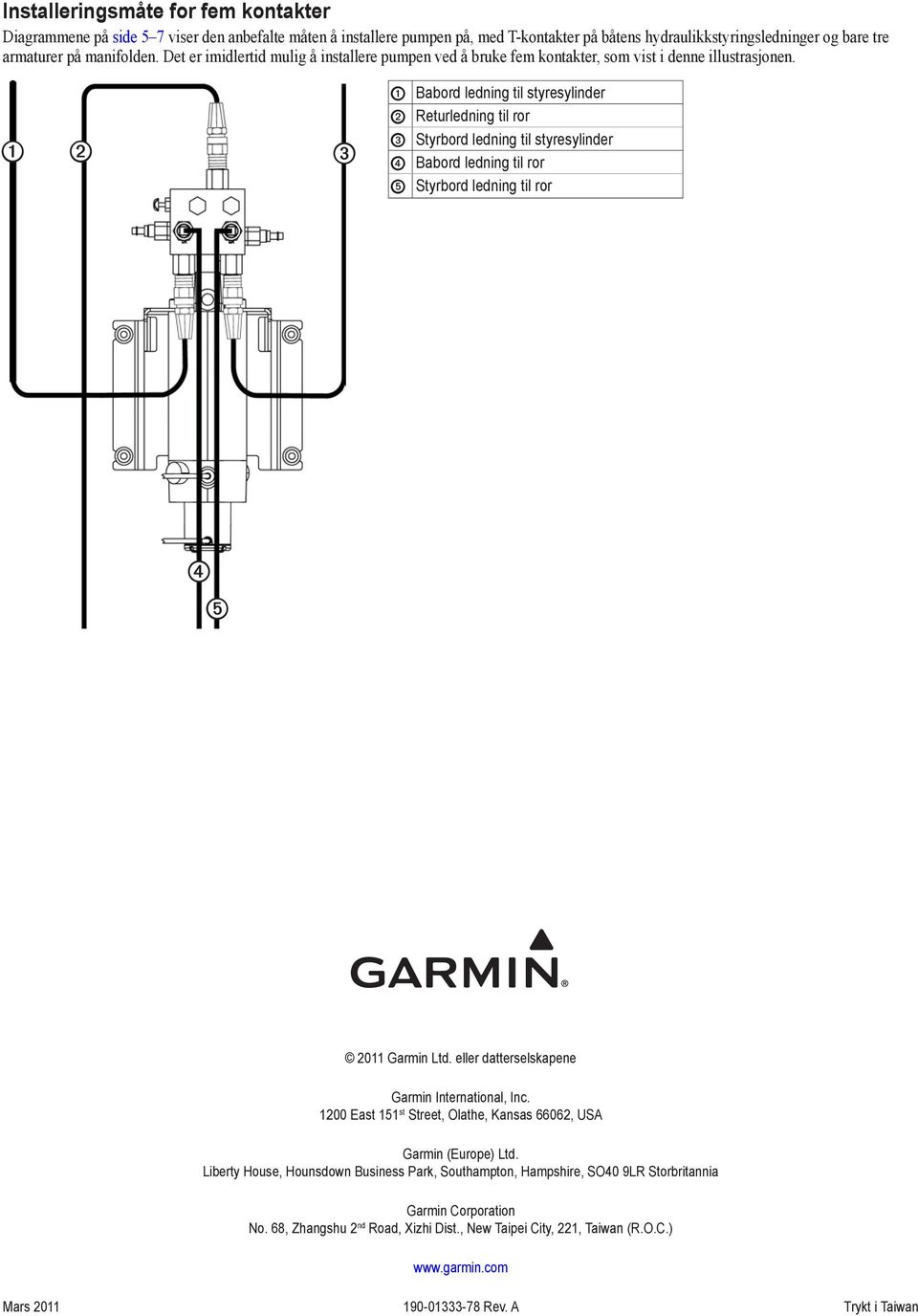 Babord ledning til styresylinder Returledning til ror Styrbord ledning til styresylinder Babord ledning til ror Styrbord ledning til ror 2011 Garmin Ltd.