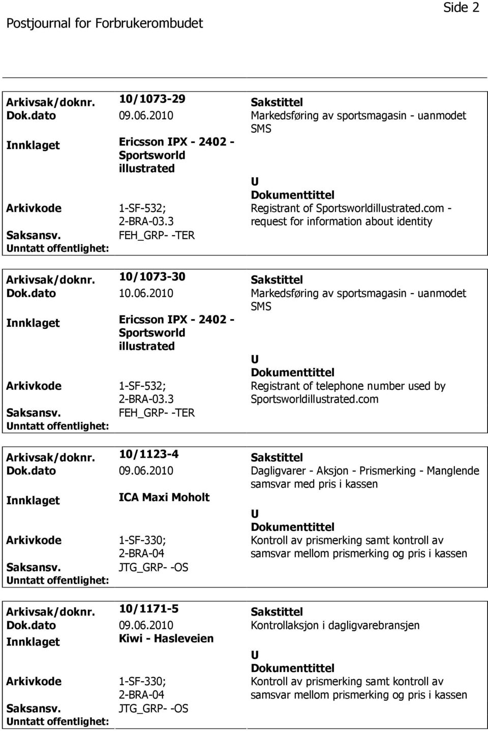 2010 Markedsføring av sportsmagasin - uanmodet SMS nnklaget Ericsson PX - 2402 - Sportsworld illustrated 1-SF-532; 2-BRA-03.3 Registrant of telephone number used by Sportsworldillustrated.