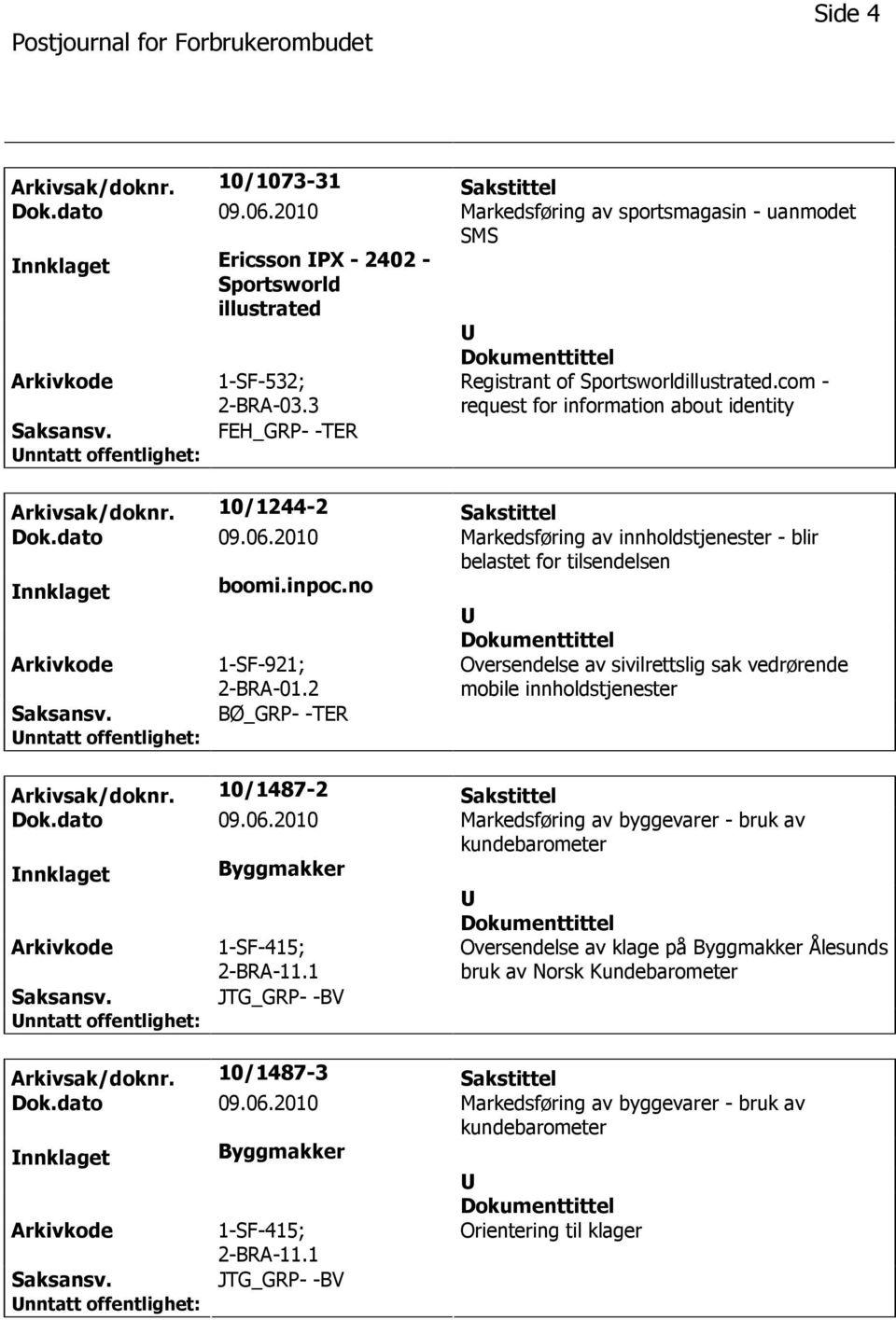 2010 Markedsføring av innholdstjenester - blir belastet for tilsendelsen nnklaget boomi.inpoc.no 1-SF-921; 2-BRA-01.