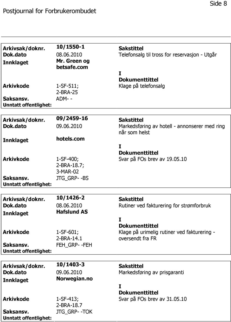 10 Arkivsak/doknr. 10/1426-2 Sakstittel Dok.dato 08.06.2010 Rutiner ved fakturering for strømforbruk nnklaget Hafslund AS 1-SF-601; 2-BRA-14.