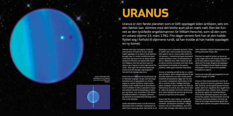 Fire dager senere fant han at den hadde flyttet seg i forhold til stjernene rundt, så han trodde at han hadde oppdaget en ny komet. Uranus med ringen sett i infrarødt lys.