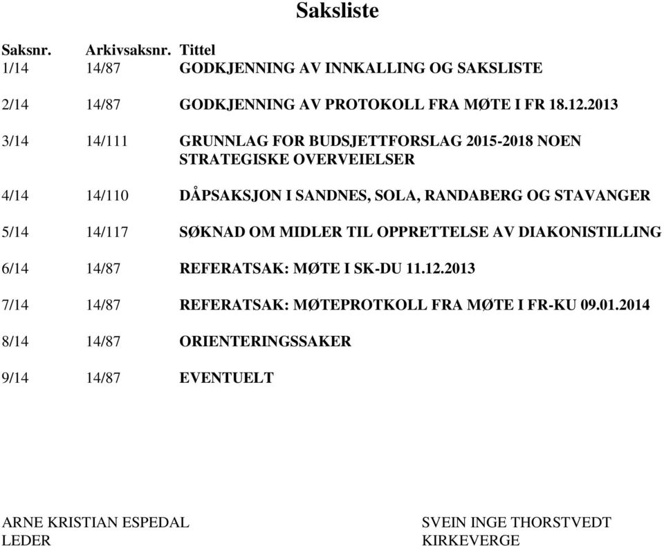 STAVANGER 5/14 14/117 SØKNAD OM MIDLER TIL OPPRETTELSE AV DIAKONISTILLING 6/14 14/87 REFERATSAK: MØTE I SK-DU 11.12.