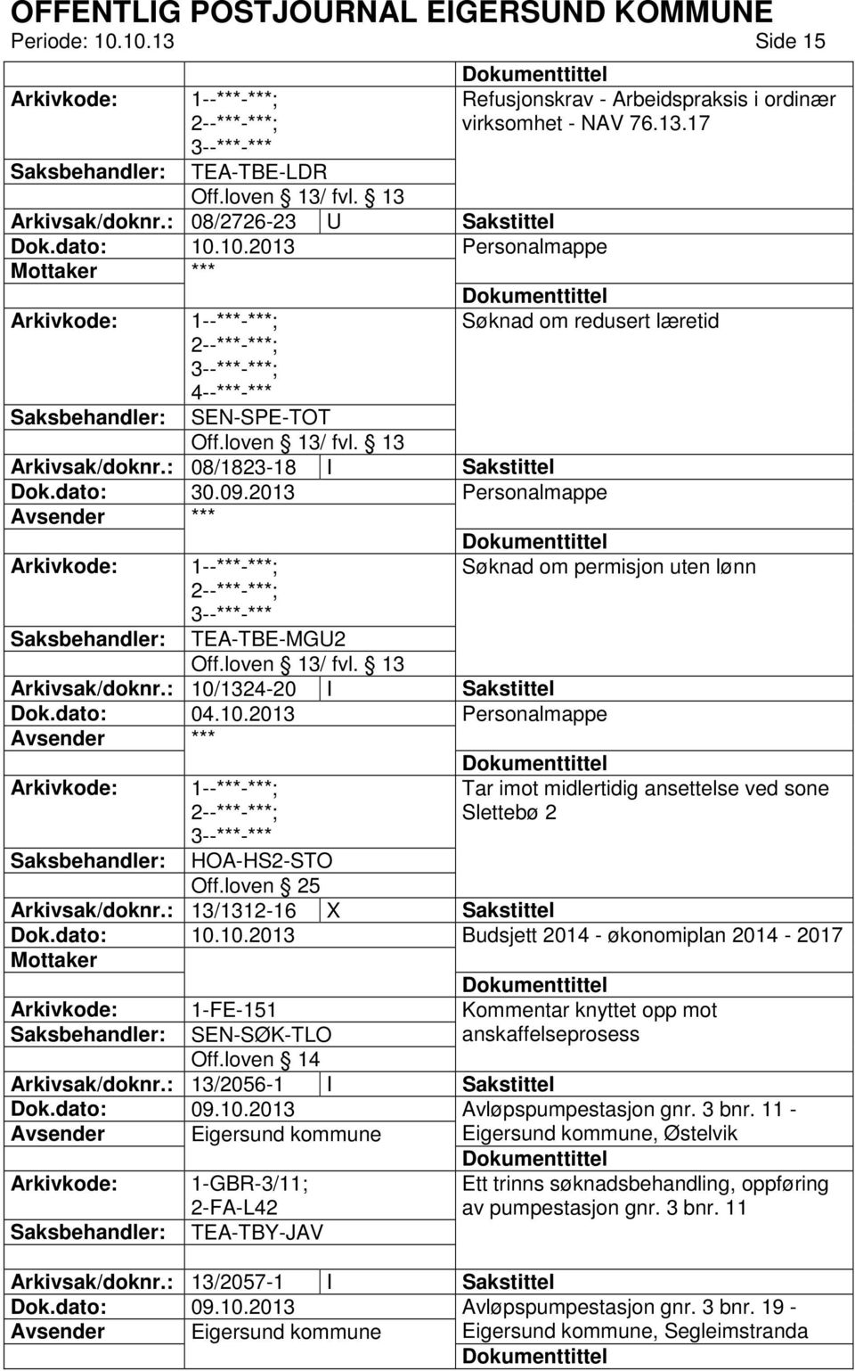 2013 Søknad om permisjon uten lønn TEA-TBE-MGU2 Arkivsak/doknr.: 10/1324-20 I Sakstittel Dok.dato: 04.10.2013 Tar imot midlertidig ansettelse ved sone Slettebø 2 HOA-HS2-STO Off.