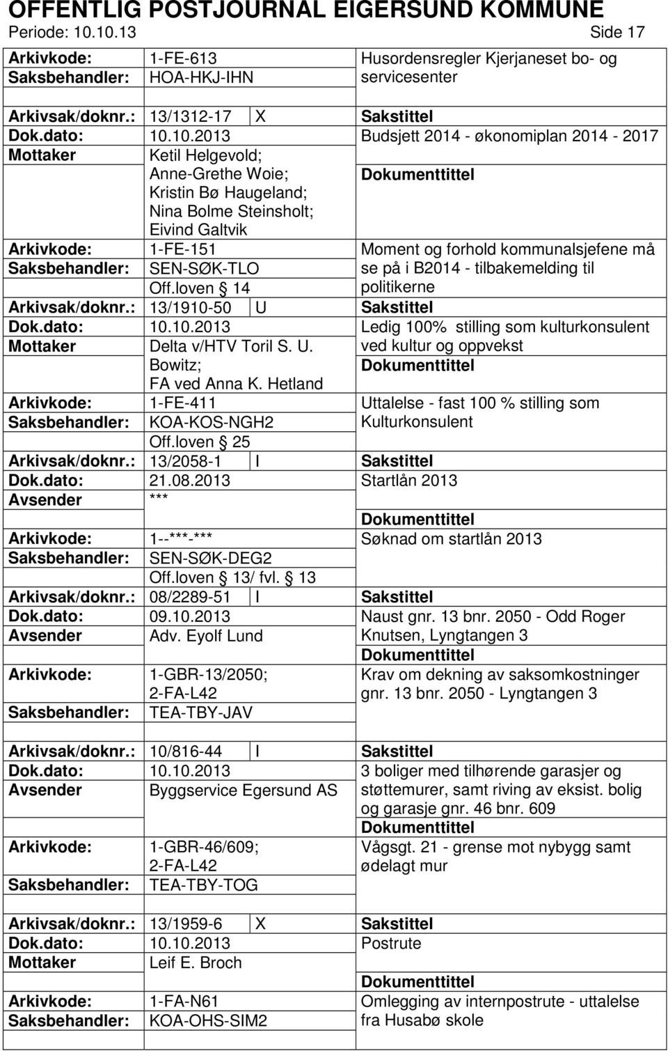 kommunalsjefene må SEN-SØK-TLO Off.loven 14 se på i B2014 - tilbakemelding til politikerne Arkivsak/doknr.: 13/1910-50 U Sakstittel Mottaker Delta v/htv Toril S. U. Bowitz; FA ved Anna K.