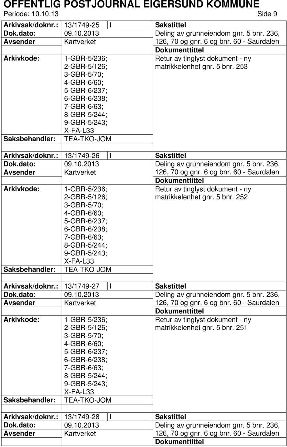 253 TEA-TKO-JOM Arkivsak/doknr.: 13/1749-26 I Sakstittel 1-GBR-5/236; matrikkelenhet gnr.