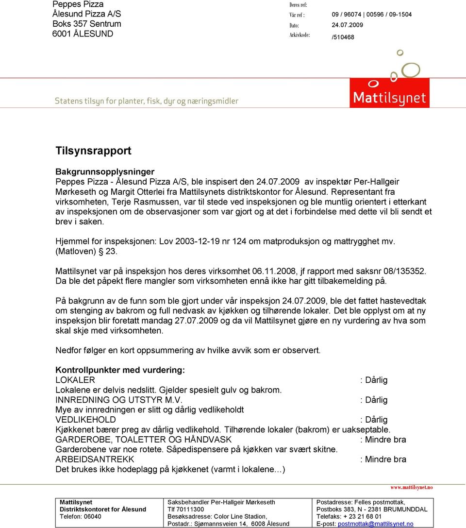 Representant fra virksomheten, Terje Rasmussen, var til stede ved inspeksjonen og ble muntlig orientert i etterkant av inspeksjonen om de observasjoner som var gjort og at det i forbindelse med dette