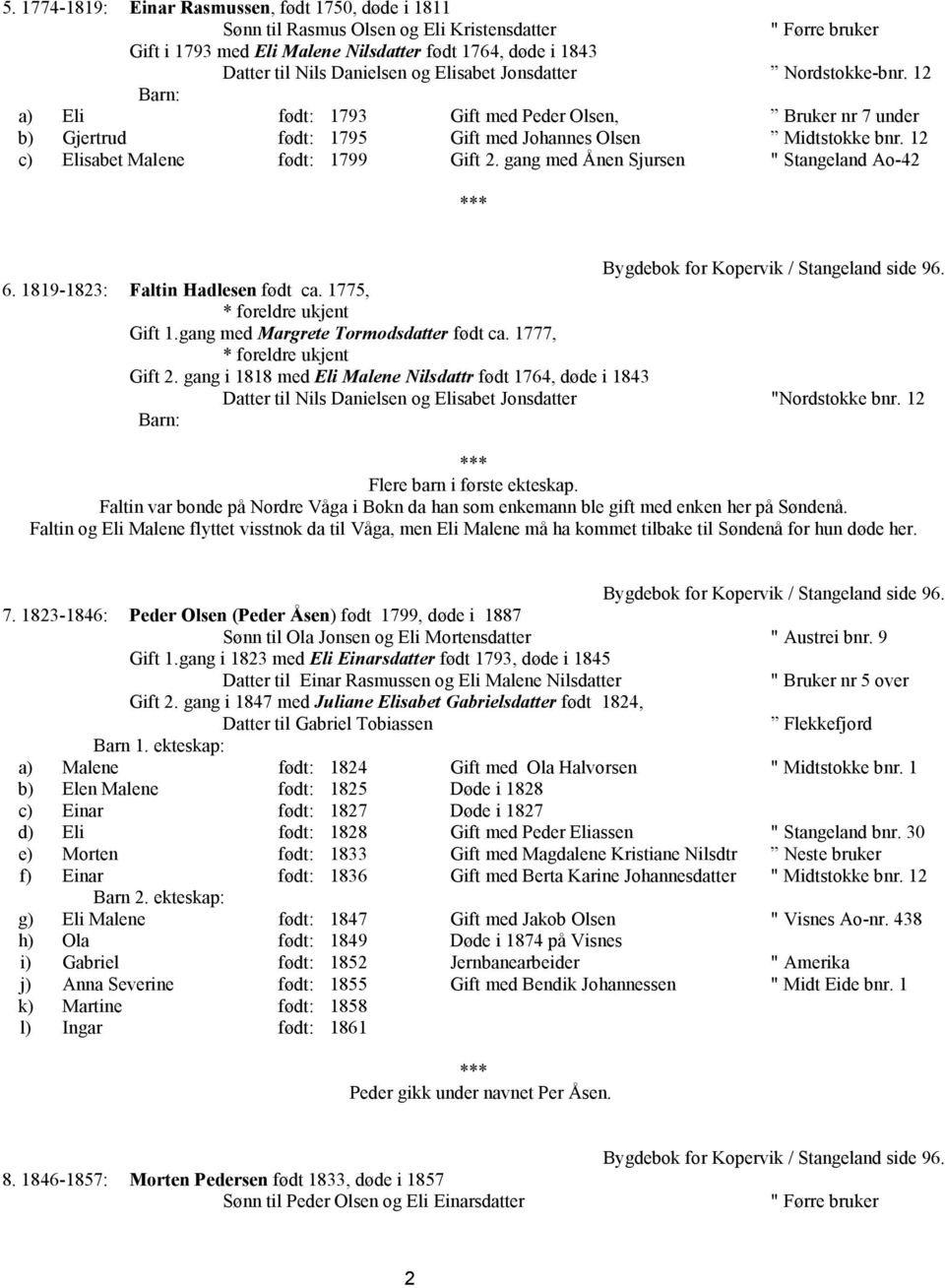 12 c) Elisabet Malene født: 1799 Gift 2. gang med Ånen Sjursen " Stangeland Ao-42 Bygdebok for Kopervik / Stangeland side 96. 6. 1819-1823: Faltin Hadlesen født ca. 1775, Gift 1.