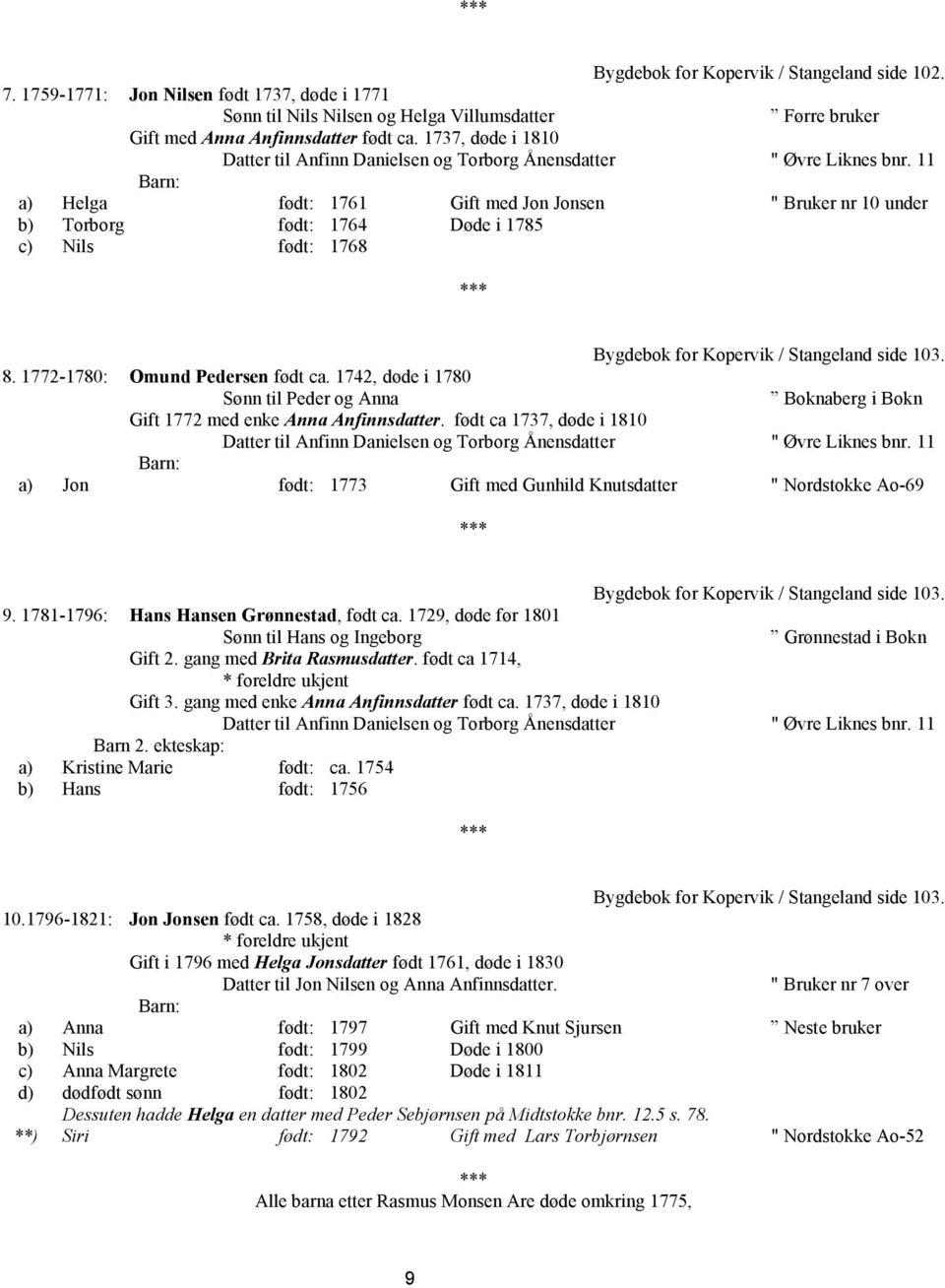 11 a) Helga født: 1761 Gift med Jon Jonsen " Bruker nr 10 under b) Torborg født: 1764 Døde i 1785 c) Nils født: 1768 Bygdebok for Kopervik / Stangeland side 103. 8. 1772-1780: Omund Pedersen født ca.