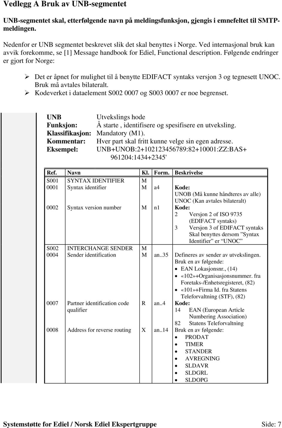 Følgende endringer er gjort for Norge: Det er åpnet for mulighet til å benytte EDIFACT syntaks versjon 3 og tegnesett UNOC. Bruk må avtales bilateralt.