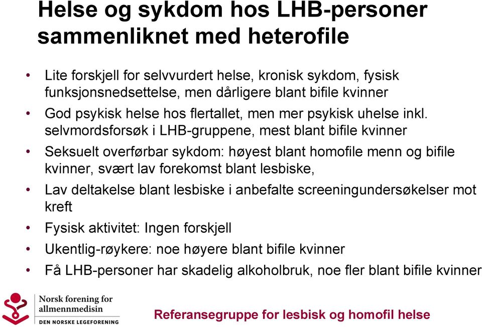 selvmordsforsøk i LHB-gruppene, mest blant bifile kvinner Seksuelt overførbar sykdom: høyest blant homofile menn og bifile kvinner, svært lav forekomst blant