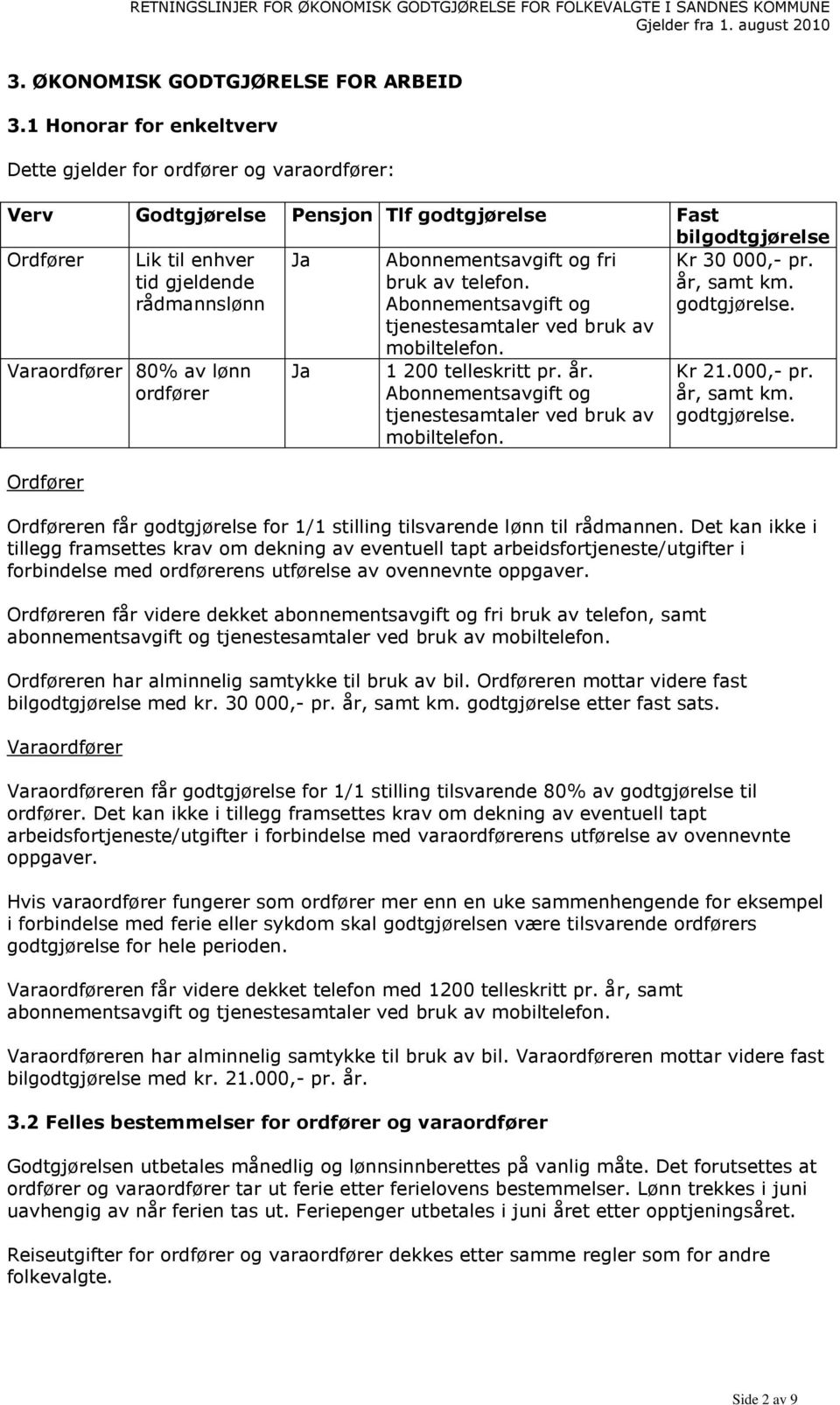 Abonnementsavgift og fri bruk av telefon. Abonnementsavgift og tjenestesamtaler ved bruk av mobiltelefon. Kr 30 000,- pr. år, samt km. godtgjørelse.