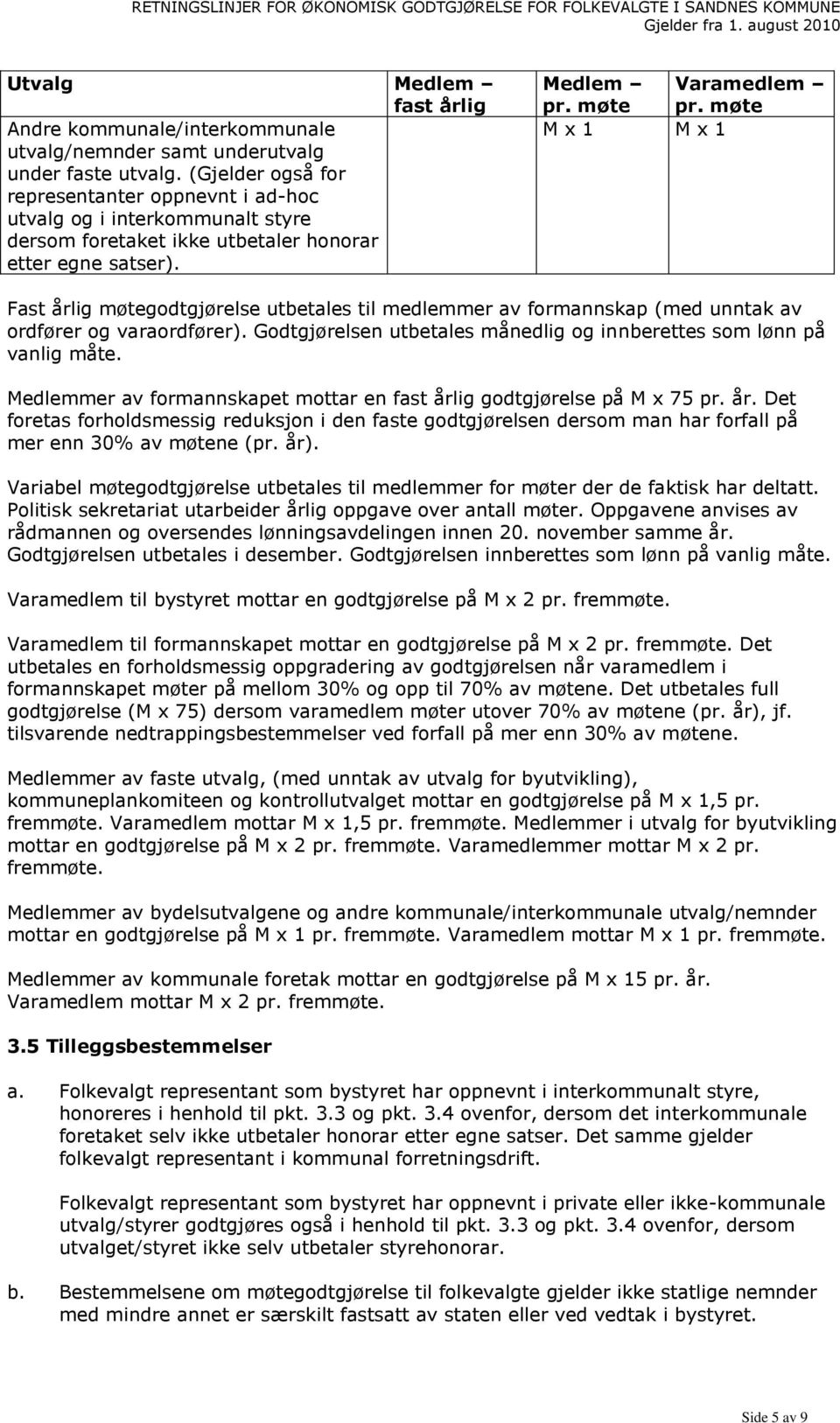 møte M x 1 M x 1 Fast årlig møtegodtgjørelse utbetales til medlemmer av formannskap (med unntak av ordfører og varaordfører). Godtgjørelsen utbetales månedlig og innberettes som lønn på vanlig måte.