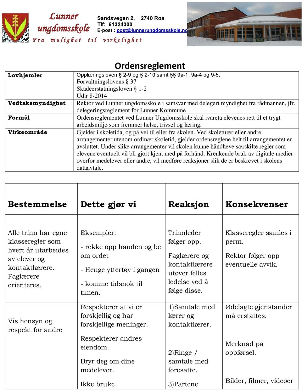 delegeringsreglement for Lunner Kommune Ordensreglementet ved Lunner Ungdomsskole skal ivareta elevenes rett til et trygt arbeidsmiljø som fremmer helse, trivsel og læring.