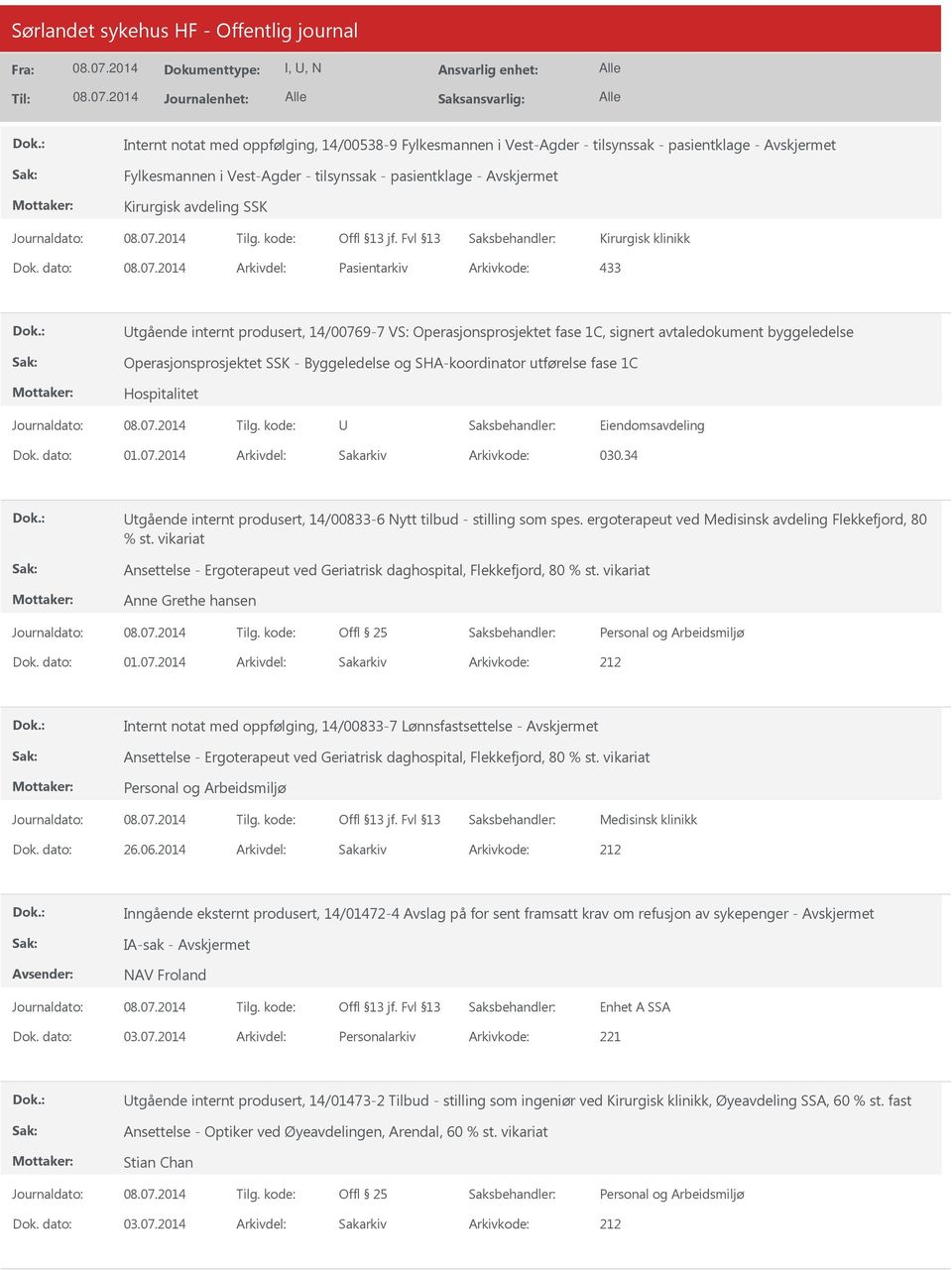 SHA-koordinator utførelse fase 1C Hospitalitet Eiendomsavdeling Dok. dato: 01.07.2014 Arkivdel: Sakarkiv Arkivkode: 030.34 tgående internt produsert, 14/00833-6 Nytt tilbud - stilling som spes.