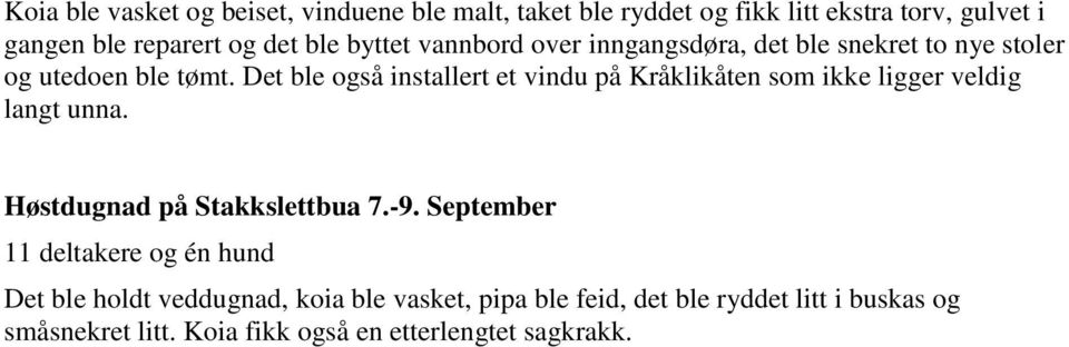 Det ble også installert et vindu på Kråklikåten som ikke ligger veldig langt unna. Høstdugnad på Stakkslettbua 7.-9.