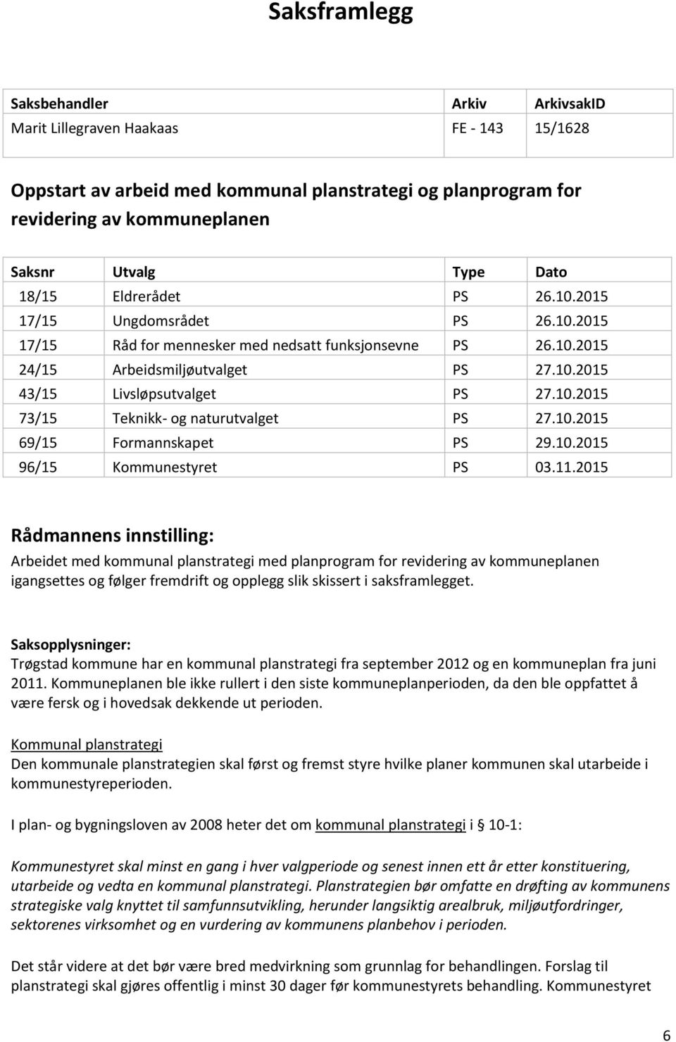 10.2015 73/15 Teknikk- og naturutvalget PS 27.10.2015 69/15 Formannskapet PS 29.10.2015 96/15 Kommunestyret PS 03.11.