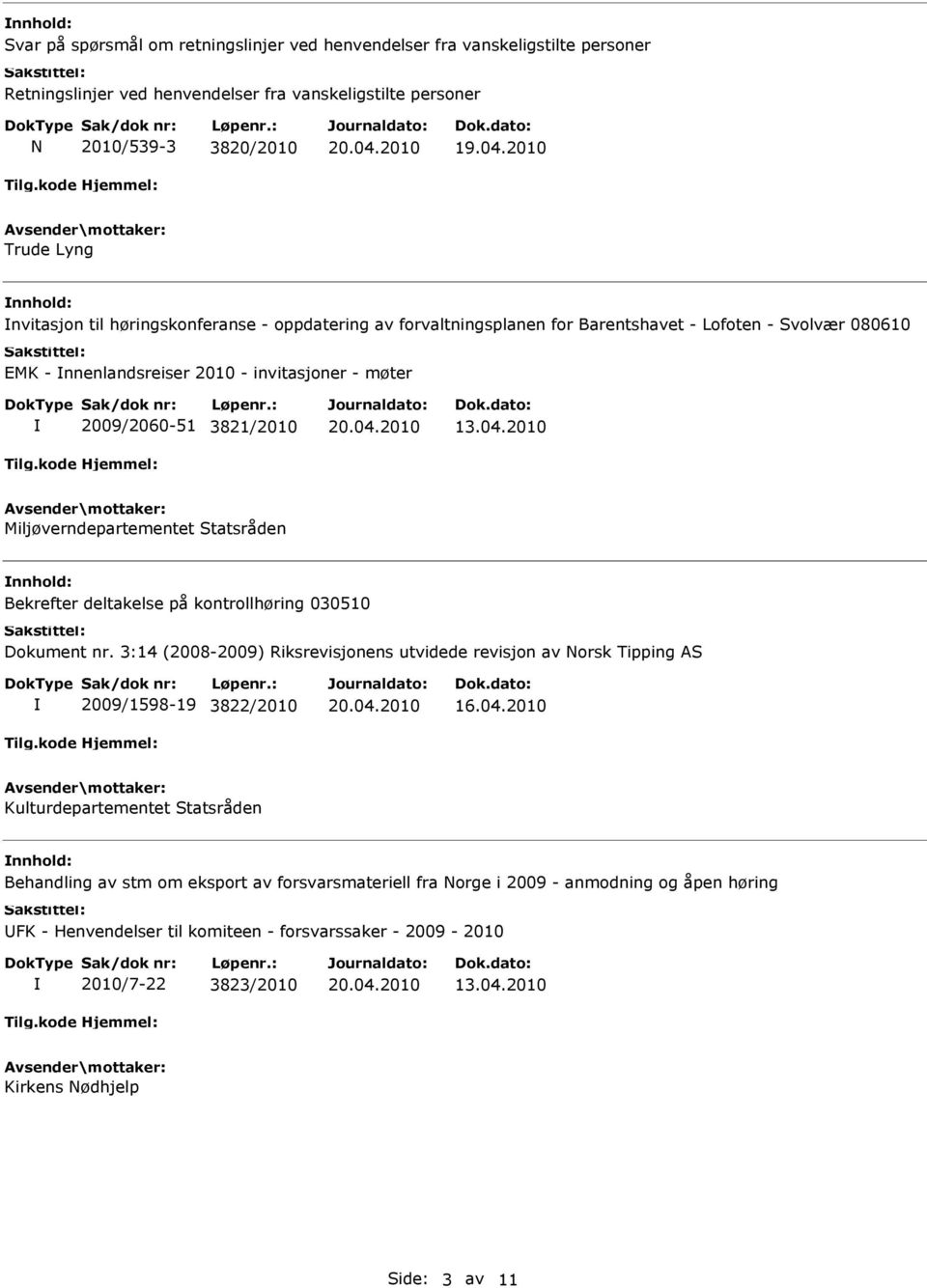 2010 Miljøverndepartementet Statsråden nnhold: Bekrefter deltakelse på kontrollhøring 030510 Dokument nr.