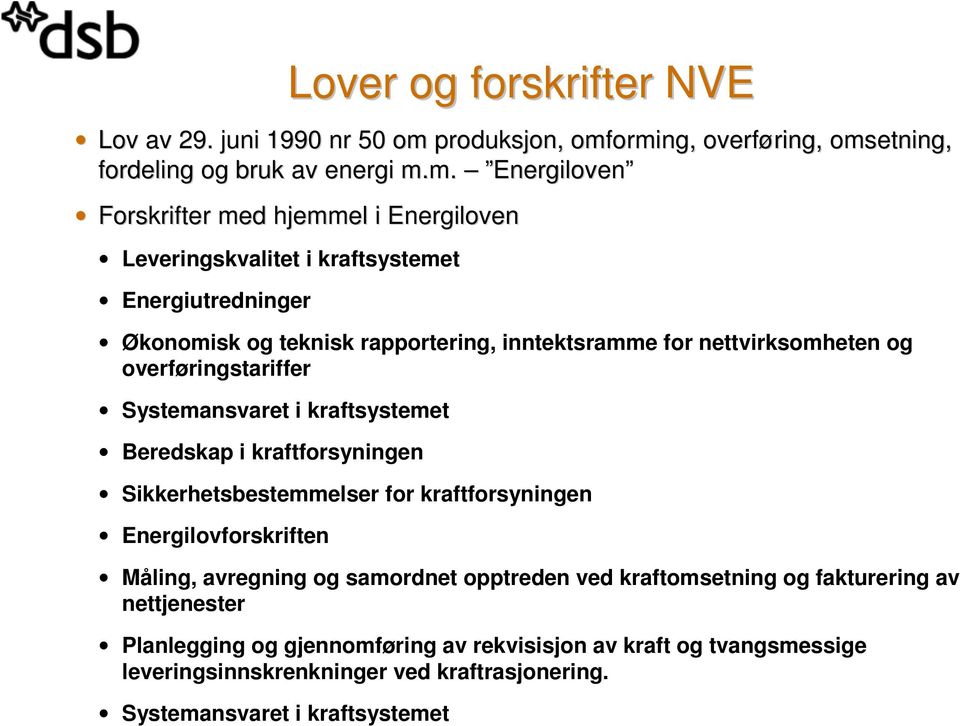 orming, overføring, omsetning, fordeling og bruk av energi m.m. Energiloven Forskrifter med hjemmel i Energiloven Leveringskvalitet i kraftsystemet Energiutredninger