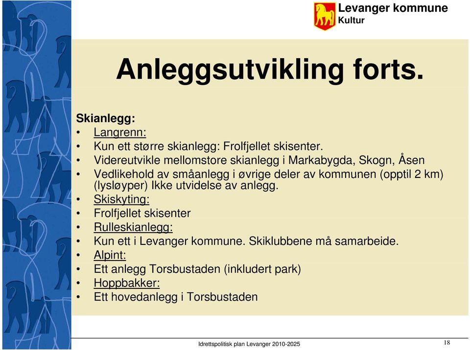 km) (lysløyper) Ikke utvidelse av anlegg. Skiskyting: Frolfjellet skisenter Rulleskianlegg: Kun ett i Levanger kommune.