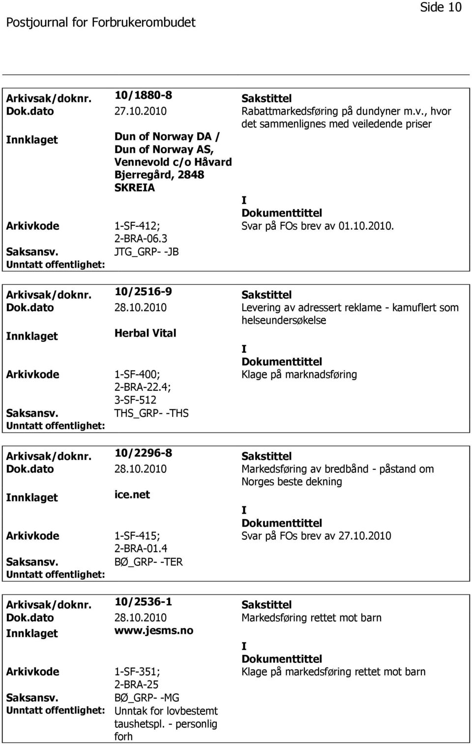 4; 3-SF-512 Klage på marknadsføring Arkivsak/doknr. 10/2296-8 Sakstittel Dok.dato 28.10.2010 Markedsføring av bredbånd - påstand om Norges beste dekning ice.net 1-SF-415; Svar på FOs brev av 27.10.2010 2-BRA-01.