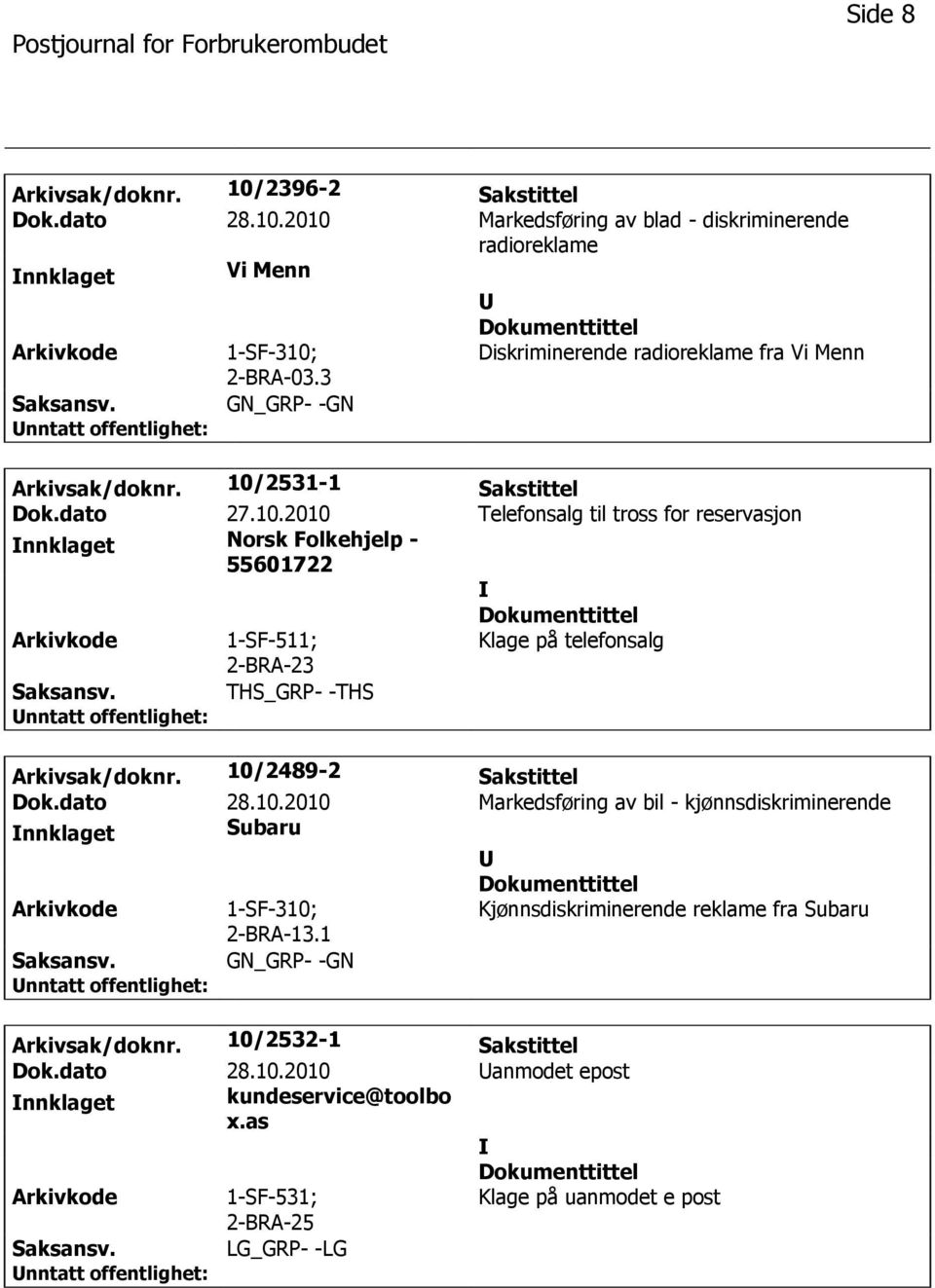 10/2489-2 Sakstittel Dok.dato 28.10.2010 Markedsføring av bil - kjønnsdiskriminerende Subaru 1-SF-310; Kjønnsdiskriminerende reklame fra Subaru 2-BRA-13.