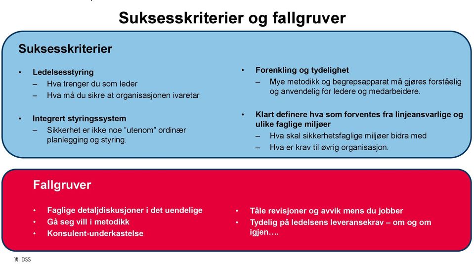 Klart definere hva som forventes fra linjeansvarlige og ulike faglige miljøer Hva skal sikkerhetsfaglige miljøer bidra med Hva er krav til øvrig organisasjon.