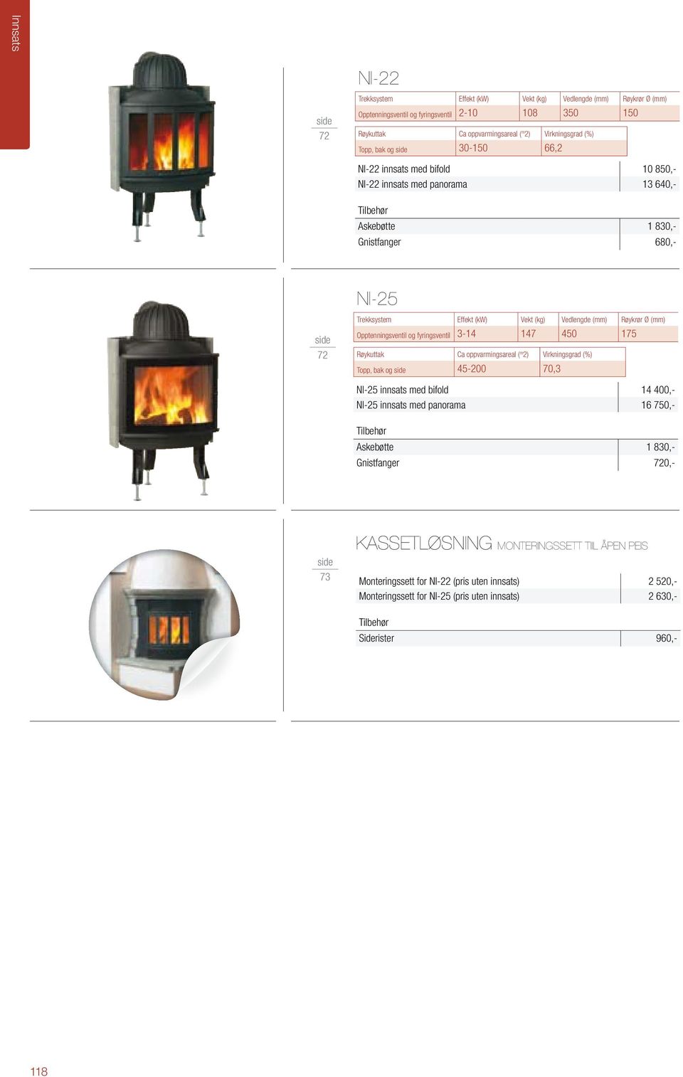 Opptenningsventil og fyringsventil 3-14 147 450 175 Røykuttak Ca oppvarmingsareal ( m 2) Virkningsgrad (%) Topp, bak og 45-200 70,3 NI-25 innsats med bifold 14 400,- NI-25 innsats med