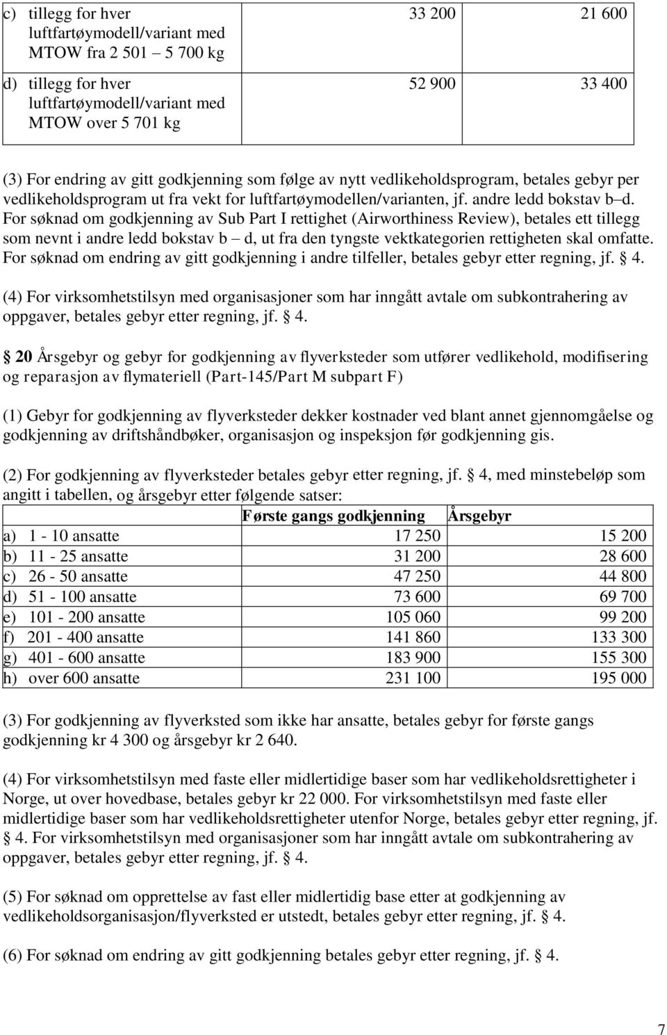 For søknad om godkjenning av Sub Part I rettighet (Airworthiness Review), betales ett tillegg som nevnt i andre ledd bokstav b d, ut fra den tyngste vektkategorien rettigheten skal omfatte.