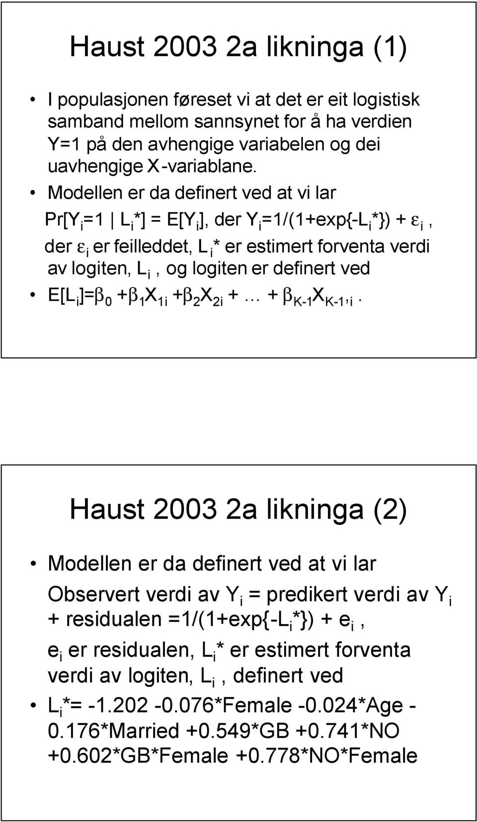 definert ved E[L i ]=β 0 +β X i +β 2 X 2i + + β K- X K-, i.