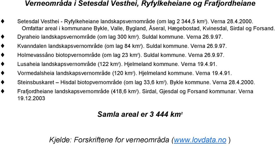 Kvanndalen landskapsvernområde (om lag 84 km 2 ). Suldal kommune. Verna 26.9.97. Holmevassåno biotopvernområde (om lag 23 km 2 ). Suldal kommune. Verna 26.9.97. Lusaheia landskapsvernområde (122 km 2 ).