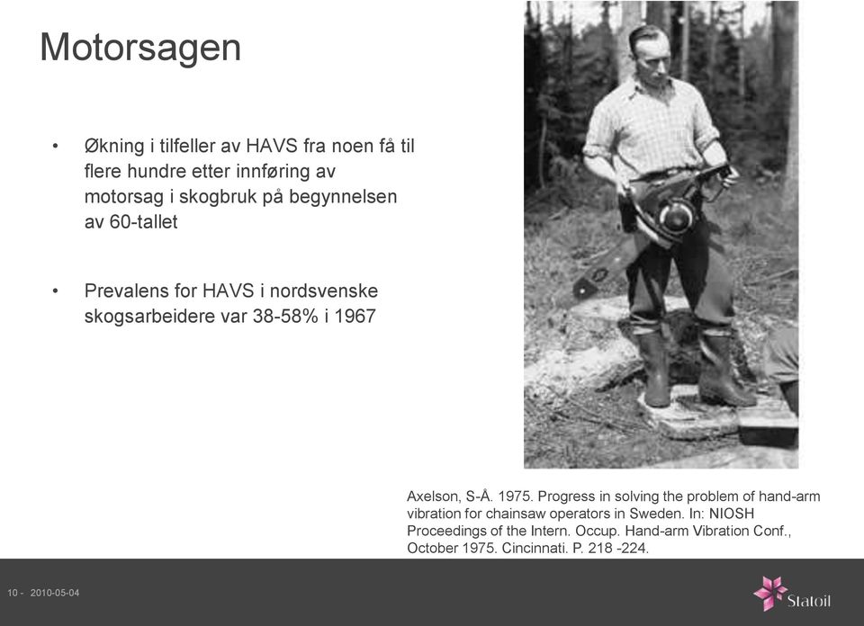 1975. Progress in solving the problem of hand-arm vibration for chainsaw operators in Sweden.